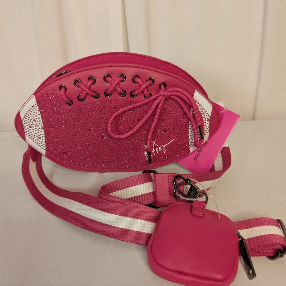 Betsey Johnson Football Pink Rhinestone Studded Crossbody Purse Novelty NWT - Picture 2 of 12